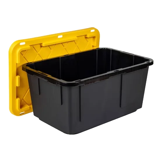 Open black 27-gallon moving tote with yellow lid
