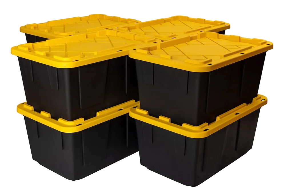 Black moving totes with yellow lids stacked for rental
